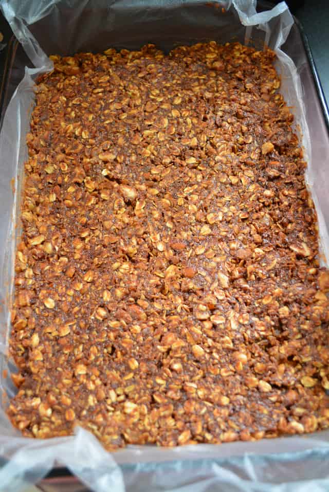 Energy Bars uncut inside a glass dish.