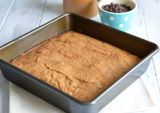 Brownies in a square baking pan.