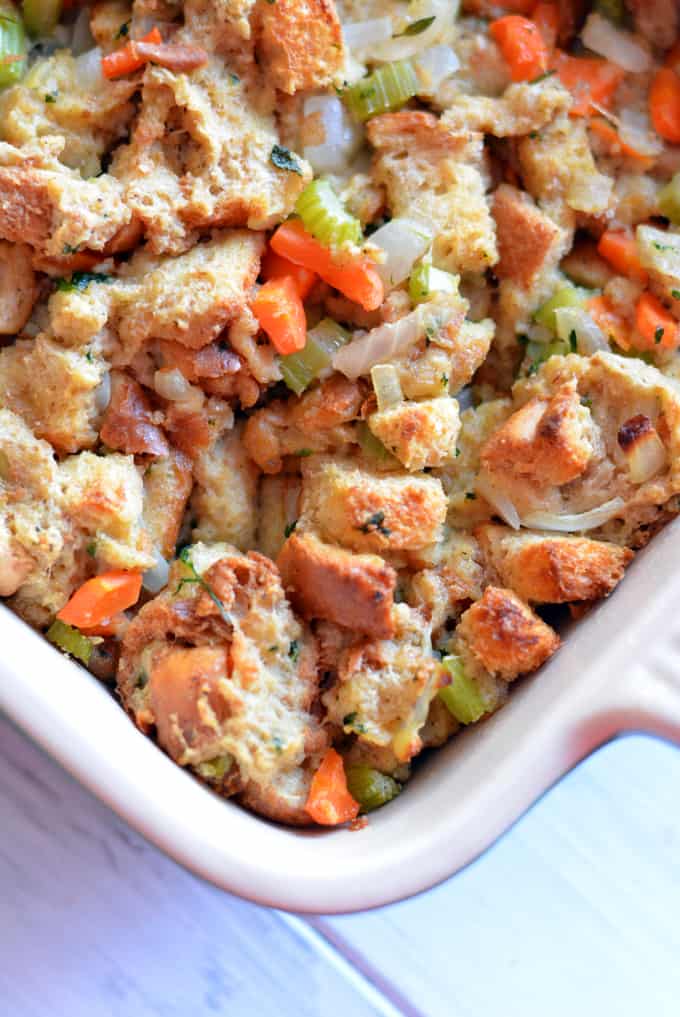 Whole Wheat Herb Stuffing in a baking pan.
