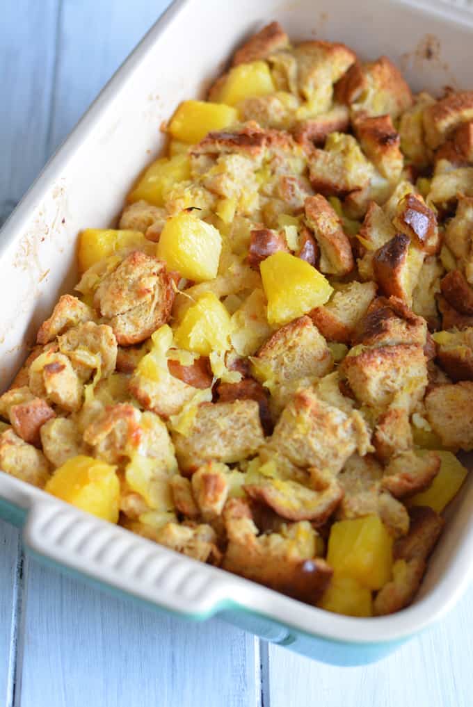 A lower calorie pineapple souffle in a baking dish.