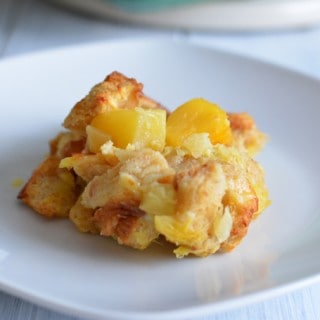 Pineapple souffle on a white plate.