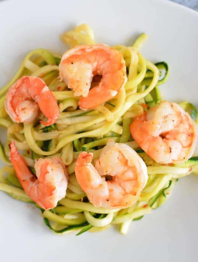 Sriracha Shrimp with Zoodles reminds you of a spicy noodle bowl without the calories of a big bowl of pasta.
