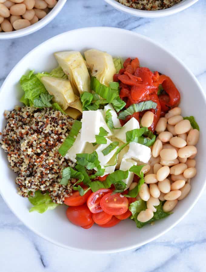 Power bowls are all the rage. This bruschetta quinoa protein bowl is back full of protein and fiber.