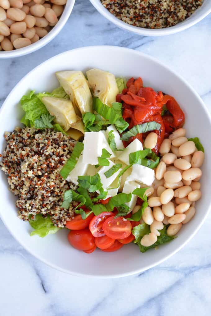 Power bowls are all the rage. This bruschetta quinoa protein bowl is back full of protein and fiber.