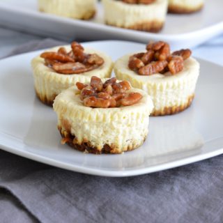 Pecan Topped Mini Cheesecakes with Gingersnap Crust is low in sugar and rich in protein. Made with low sugar yogurt and stevia. Perfect for your holiday dessert.