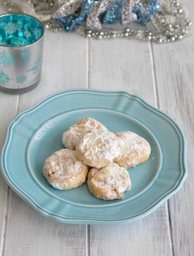 Simple ingredient crescent cookies are lower in sugar than most cookies. Perfect for this holiday season.