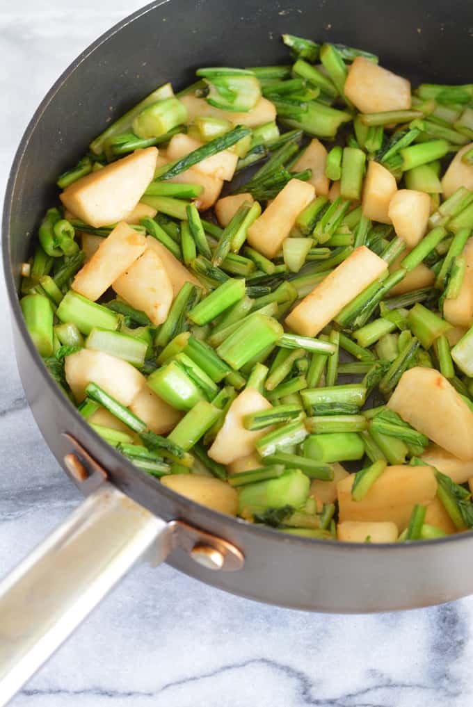 Hakurei Turnips cooked in a saute pan.