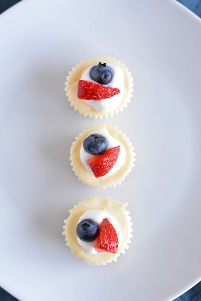 Three mini cheesecakes lined up in a row on a white plate.