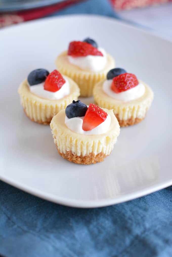 Four mini cheesecakes topped with blueberry, strawberry and whipped cream on top of a white plate.