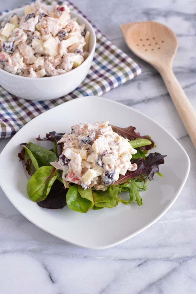 Turkey salad on a bed of baby lettuce on a white plate placed next to a wood spoon and white bowl filled with more turkey salad.