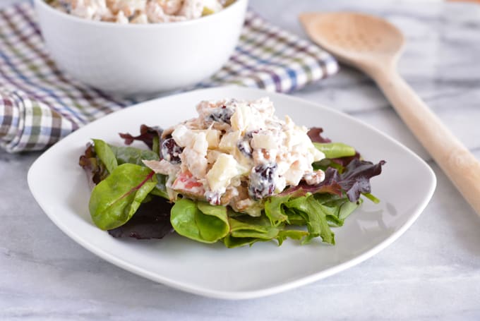 Protein Packed Leftover Turkey Salad on top of lettuce on a white plate.