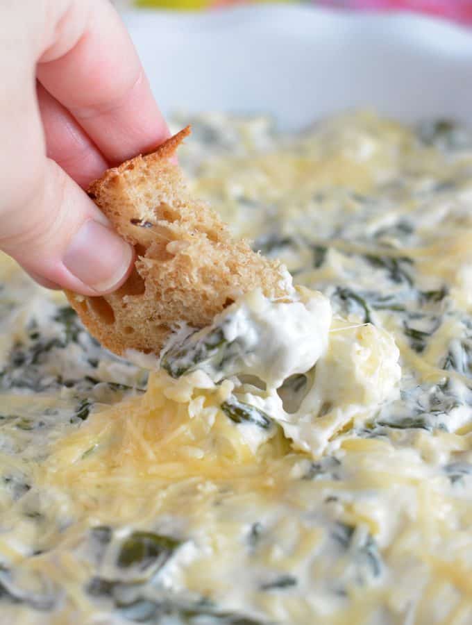 Bread dipped into spinach artichoke dip.