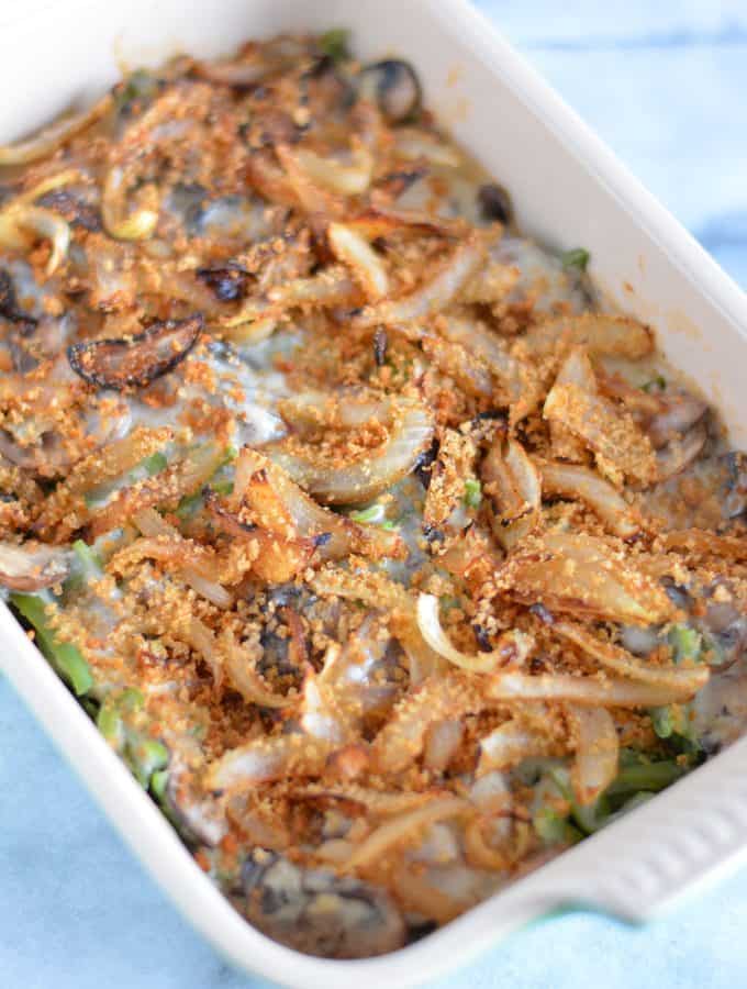 From scratch classic green bean casserole in a baking pan.