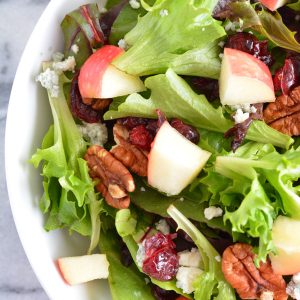 A salad with apples, pecans, and dried cranberries in a white bowl.